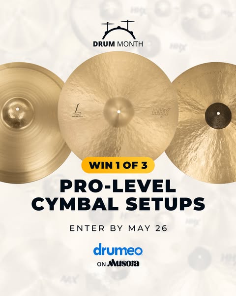 This image ad promotes a giveaway for pro-level cymbal setups in celebration of Drum Month. The ad features three cymbal