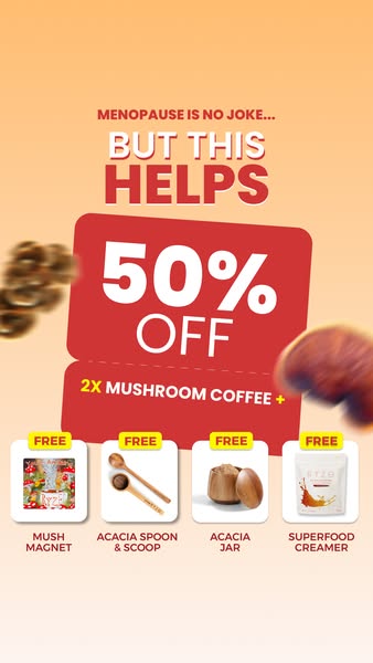 This ad is for Ryze mushroom coffee and promotes a 50% off offer for 2x mushroom coffee and free gifts with purchase.