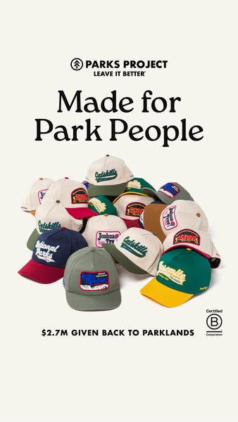 This ad features a pile of Parks Project hats with different park names on them. The ad highlights the brand's commi