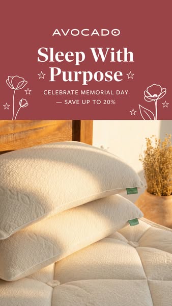 This image ad for Avocado brand bedding promotes a Memorial Day sale with up to 20% off, encouraging customers to 'S