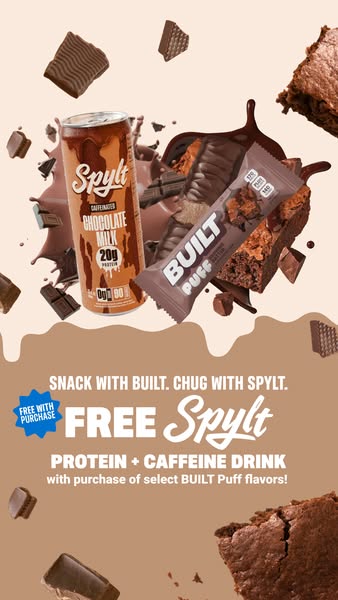 This ad promotes Built protein bars and Spylt caffeinated chocolate milk. It advertises a free Spylt protein and caffein