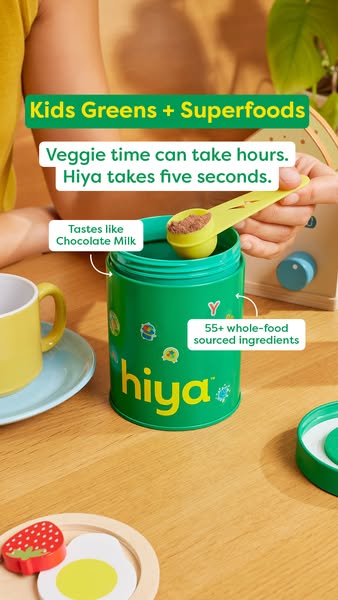 This image ad for Hiya Kids Greens + Superfoods highlights the product's convenience and appeal to children. It emph