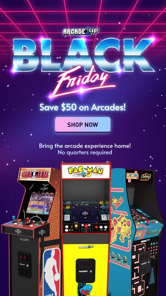 This image ad for Arcade1Up promotes a Black Friday sale with a $50 discount on arcades. The ad features a retro, neon-l