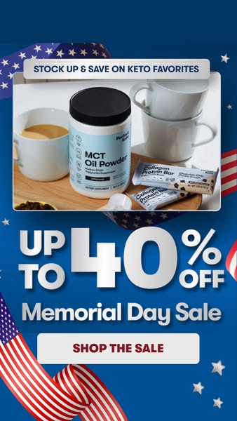 Image ad promoting a Memorial Day sale with up to 40% off keto-friendly products like MCT oil powder and collagen protei