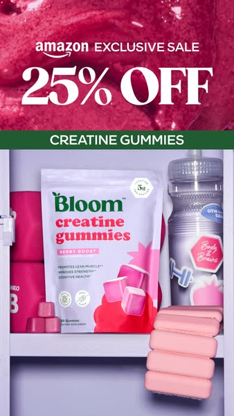 This ad promotes Bloom creatine gummies, highlighting their Amazon exclusivity and a 25% discount. The ad uses a locker 