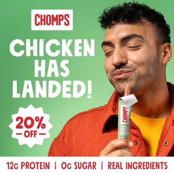 This image ad for Chomps features a man with a happy expression as he's about to eat a Chomps chicken stick. The ad 