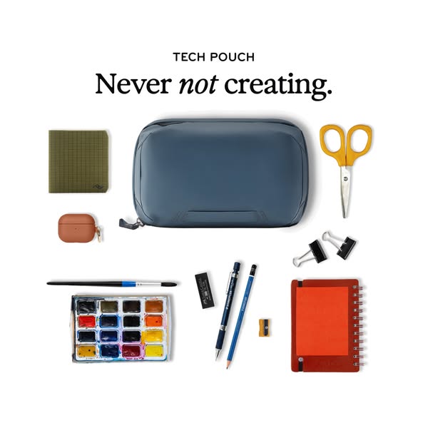 This ad features Peak Design's Tech Pouch in a flat lay with various art and tech supplies. The ad showcases how the