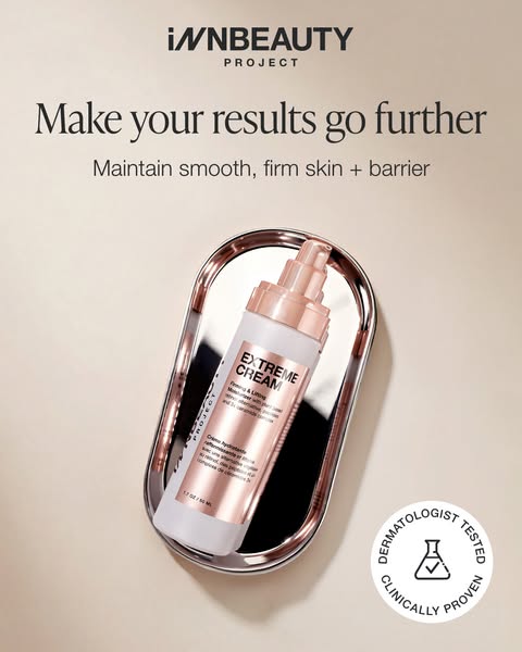 The ad promotes INNBEAUTY PROJECT's Extreme Cream, a moisturizer designed to firm and lift skin while maintaining sm