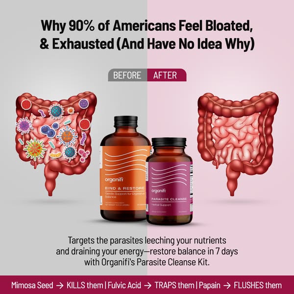 This ad highlights that 90% of Americans feel bloated and exhausted, and may not know why. The ad uses a before and afte