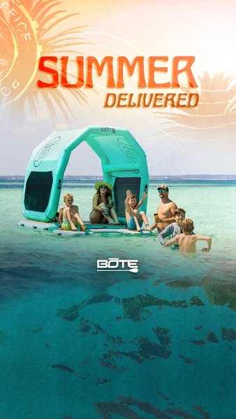 This ad shows a family of 6 enjoying a day in the sun on a BOTE inflatable platform, and implies that summer relaxation 