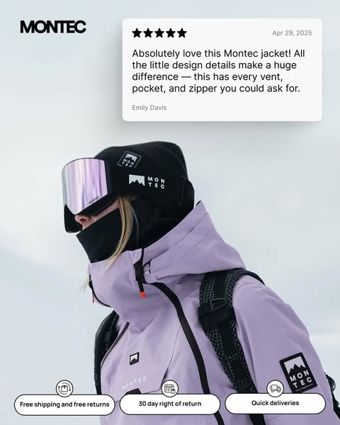 This ad promotes Montec brand apparel, specifically their jackets, and highlights positive customer feedback to build tr