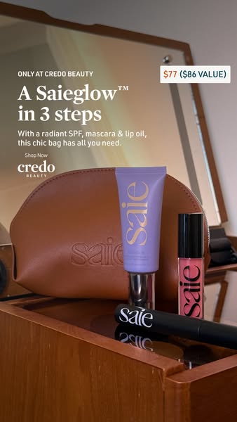 This image ad showcases a beauty set consisting of SPF, mascara, and lip oil, emphasizing simplicity and effectiveness i