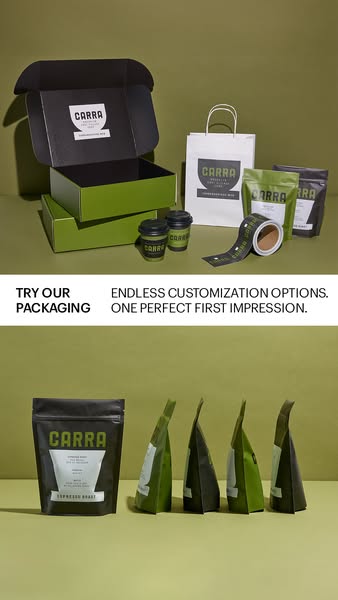 This ad showcases Carra's packaging options, highlighting the brand's commitment to customization and creating a