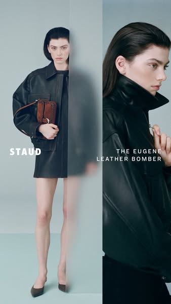 This ad features a woman wearing a black leather bomber jacket and carrying a brown purse. The ad highlights the brand a