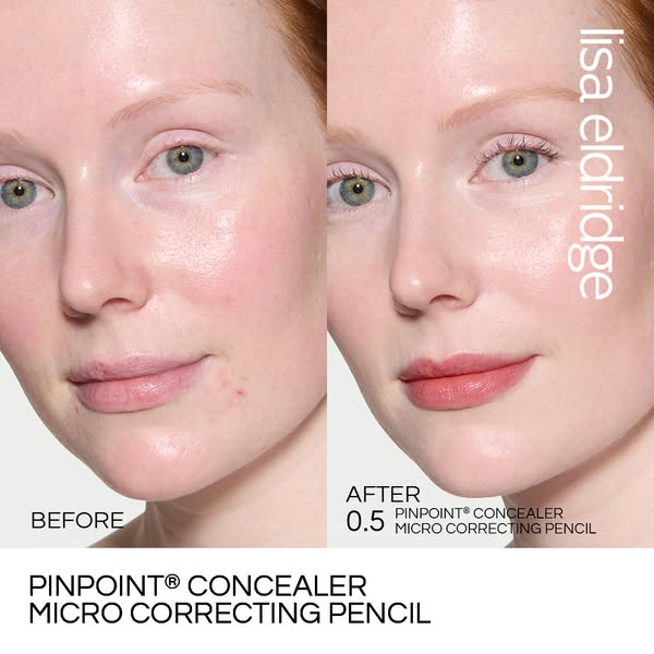 This ad features a before and after look at a woman using Lisa Eldridge's Pinpoint Concealer to spot-correct blemish