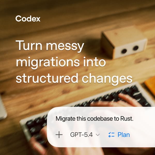 The ad shows a hand using a keyboard with a pop-up from the Codex app to migrate codebase to Rust.