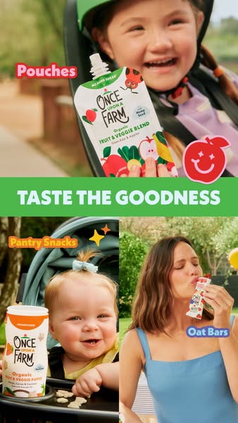 This ad showcases Once Upon a Farm's organic food products for children, including pouches, pantry snacks, and oat b