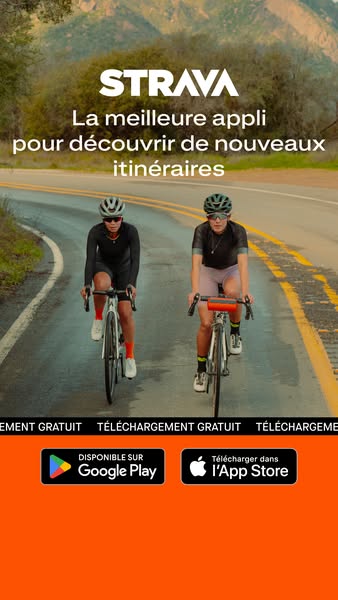 This image ad for Strava promotes the app as a way to discover new routes. It features two cyclists on a road with mount