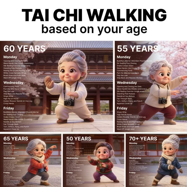 This ad suggests tai chi walking exercises for people of different age groups by displaying different cartoon versions o