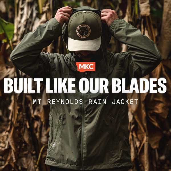 This image ad showcases the Mt Reynolds Rain Jacket by Montana Knife Company. The ad emphasizes the brand's reputati