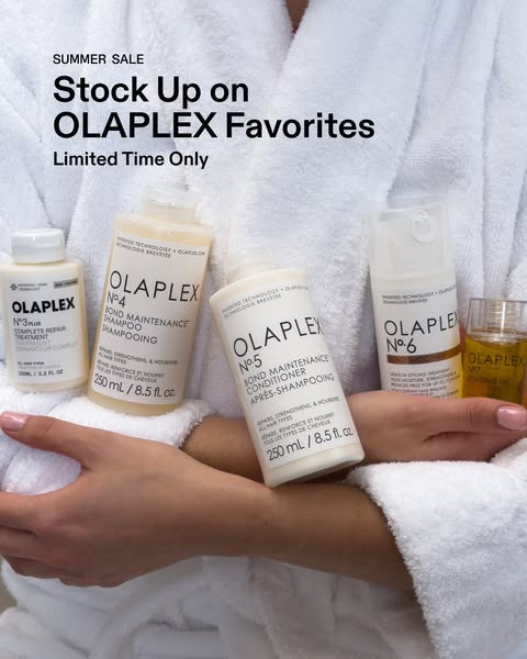 The ad features Olaplex hair care products and advertises a limited-time Summer Sale. The image shows a person holding m
