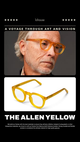 This ad showcases Lohause's 'The Allen Yellow' glasses, emphasizing their high-quality materials and artisti