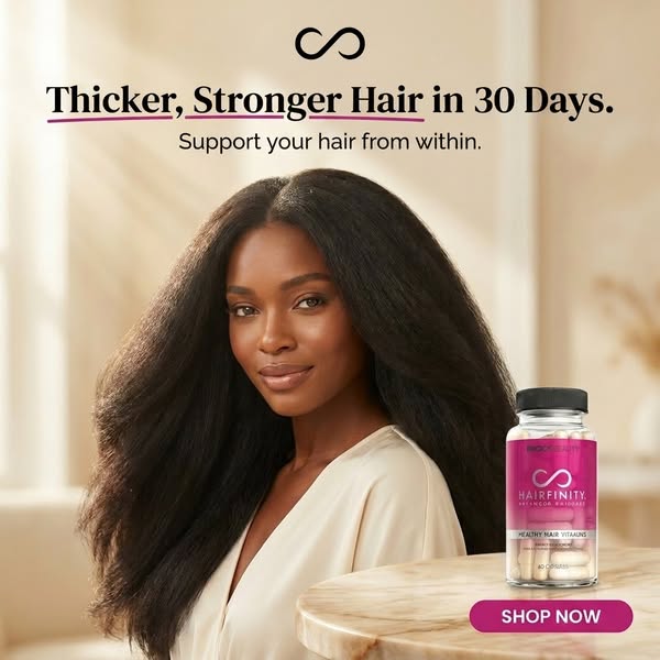 This ad promotes Hairfinity hair vitamins, promising thicker, stronger hair in 30 days. It features an image of a woman 