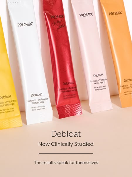 This image ad for Promix features five stick packs in different flavors and emphasizes clinical research to solve bloati