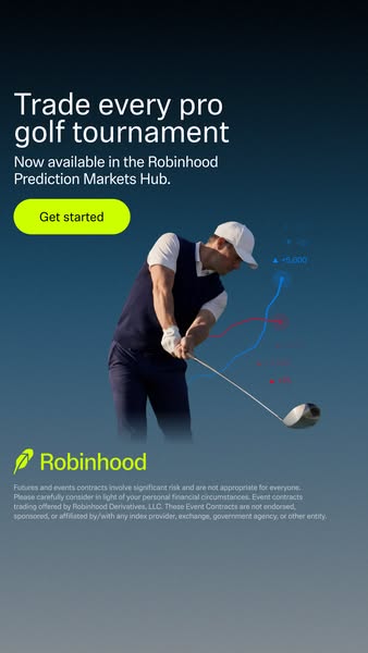 The ad promotes Robinhood's Prediction Markets Hub, which allows users to trade on every pro golf tournament.