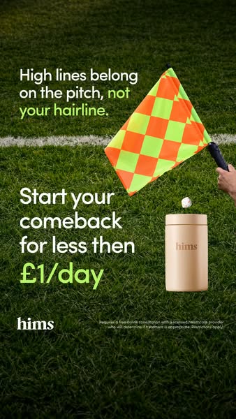 This ad for Hims hair-loss treatment uses a soccer theme to convey the message that hair-loss is an unwanted phenomenon.