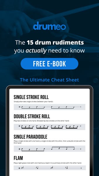 This ad promotes Drumeo's free e-book, "The Ultimate Cheat Sheet," which covers the 15 drum rudiments one 