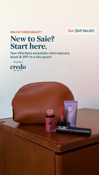 This ad for Saie promotes a mini makeup set that includes a mascara, blush, and SPF in a pouch. The ad suggests that thi