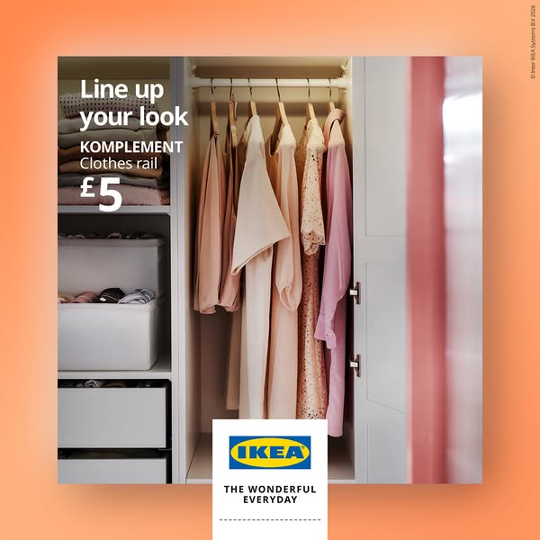 This ad for IKEA promotes the KOMPLEMENT clothes rail, highlighting its affordable price of £5. The image features the r