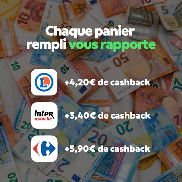 This ad promotes cashback rewards for purchases made at various grocery stores.