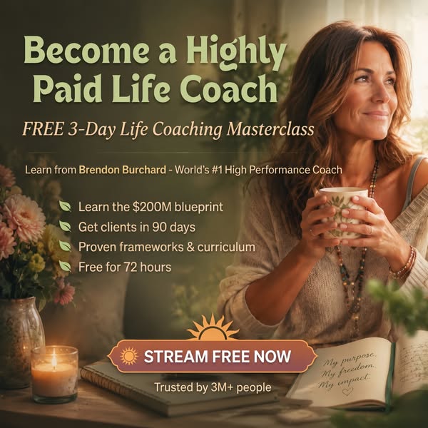 The ad promotes a free 3-day life coaching masterclass by Brendon Burchard and focuses on the opportunity to become a hi