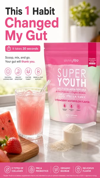 This SkinnyFit image ad promotes Super Youth Multi-Collagen Peptides. The ad's headline and body copy emphasizes dig