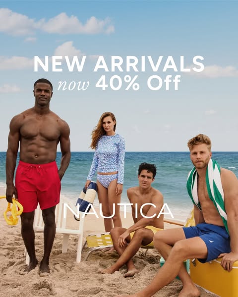 This ad showcases the latest swimwear collection from Nautica, featuring diverse models in various beach settings. The a