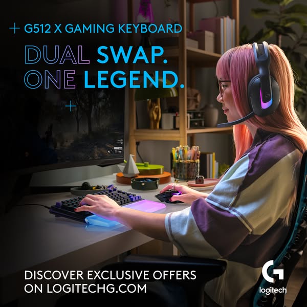 This image ad showcases the Logitech G512 X gaming keyboard, emphasizing its 'Dual Swap' feature and promoting i