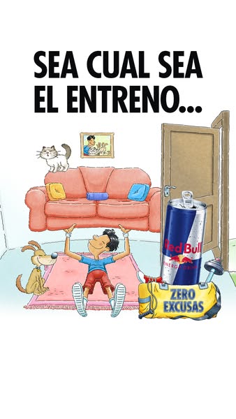 This ad shows a man preparing to work out at home. He is depicted as a cartoon character, as are the other elements in t