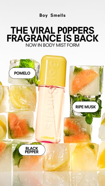 This image ad promotes Boy Smells' Poppers fragrance in body mist form. The ad features the product surrounded by ic