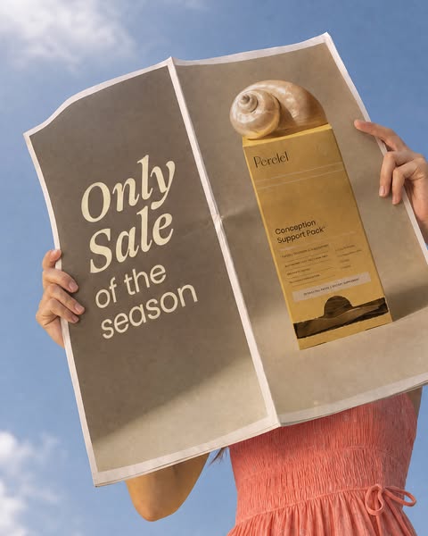 This image ad showcases the Perelel Conception Support Pack within a print ad held by a person against a sky background.