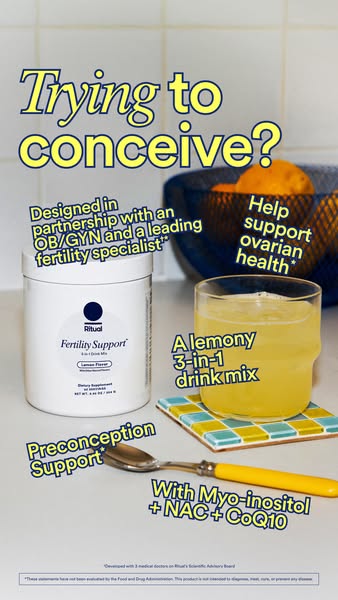 This Ritual ad presents the brand's preconception support 3-in-1 drink mix and highlights its benefits for ovarian h