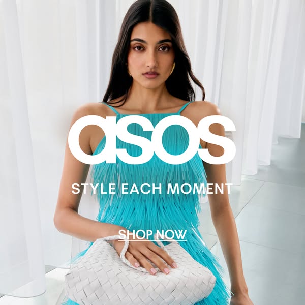 This ASOS ad features a woman in a stylish blue dress and promotes the brand's ability to provide clothing options f