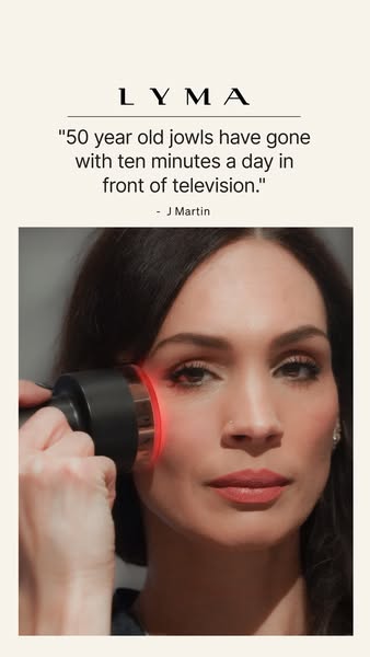 This ad features a testimonial from a 50-year-old woman who claims that the LYMA product has eliminated her jowls with j