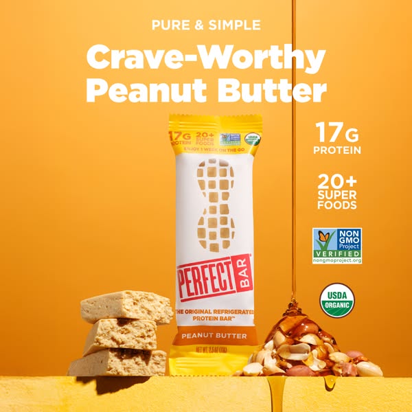 This ad for Perfect Bar highlights the peanut butter flavor and promotes the bar as a protein-rich snack with 17g of pro