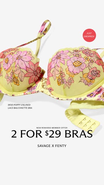 This image ad showcases the 'MOD POPPY UNLINED LACE BALCONETTE BRA' from Savage X Fenty, emphasizing a special o