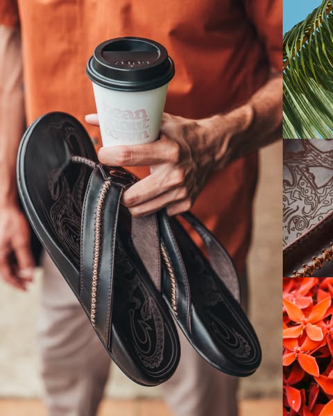 This ad showcases a pair of OluKai sandals in a lifestyle setting, emphasizing their connection to relaxation and island