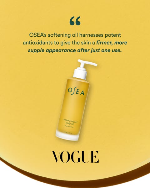 This ad for OSEA body oil features a quote about its ability to firm and soften skin. It emphasizes the product's an