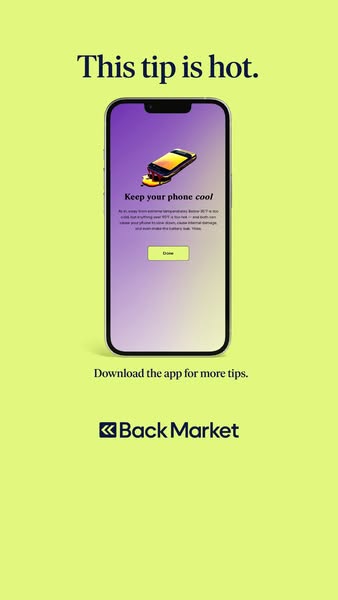 This ad promotes the Back Market app by offering tips on how to keep your phone cool.