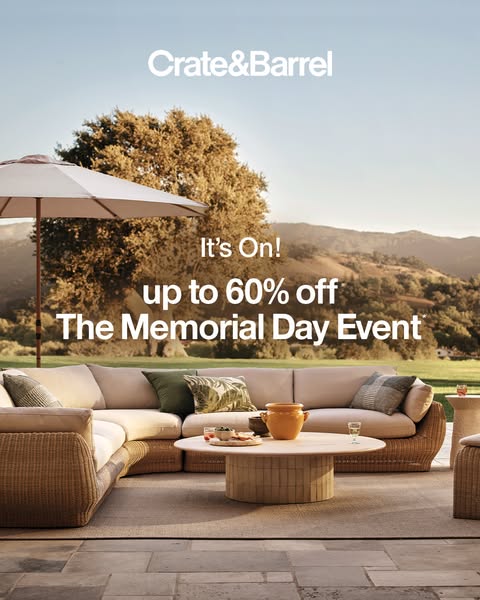 This ad showcases an outdoor furniture set from Crate & Barrel, highlighting a Memorial Day sale with discounts up t
